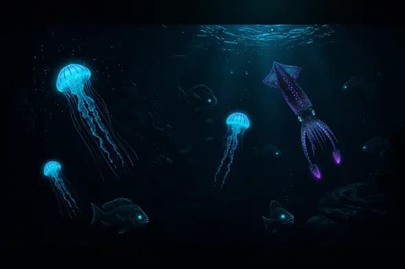 Bioluminescent Creatures Gliding Through Deep Ocean Darkness