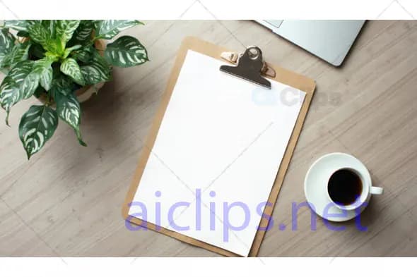 Clipboard with Blank Paper, Coffee, and Plant