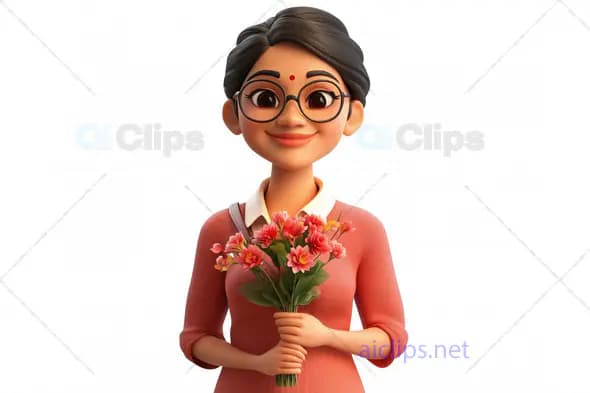 3D Indian Woman Avatar with Bouquet of Flowers