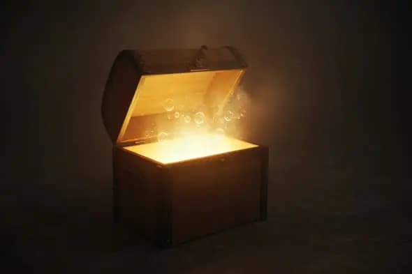 Glowing Treasure Chest Opening with Magical Light and Bubbles