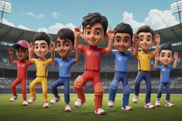 Animated Cricket Team Characters Celebrating in Stadium