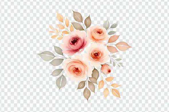 Watercolor Peach Rose Floral Spray PNG Clipart