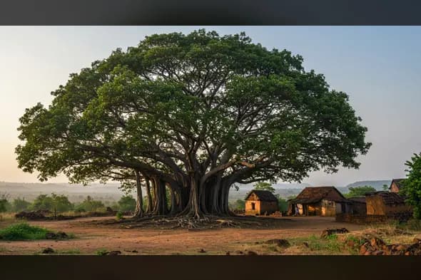 Sacred Banyan Tree in Indian Village – Rural Serenity Landscape