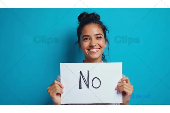 Confident Woman Smiling with 'No' Sign