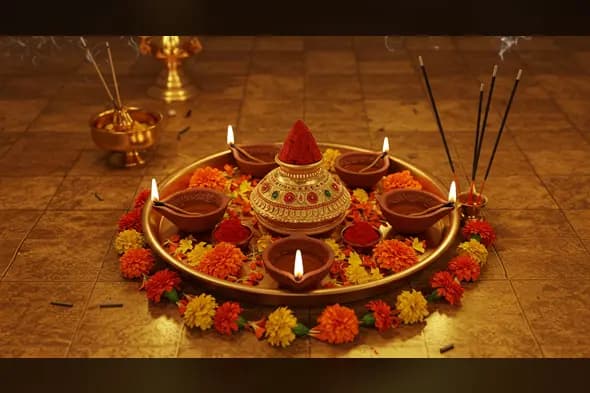 Thumbnail Kalash Diya Plate with Flowers | Hindu Pooja Decor | AIClips Thumbnail