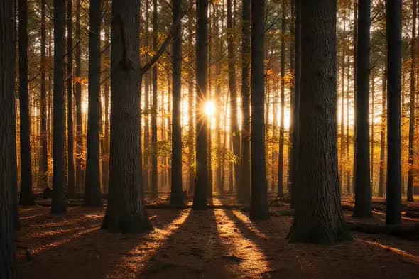 Golden Sunbeams Pierce Autumn Forest Creating Magical Atmosphere