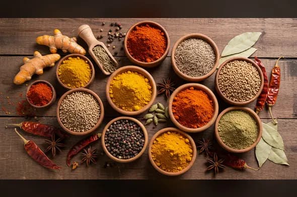 Top View of Indian Masala Spice Bowls with Herbs & Whole Ingredients | Culinary Flatlay | AIClips