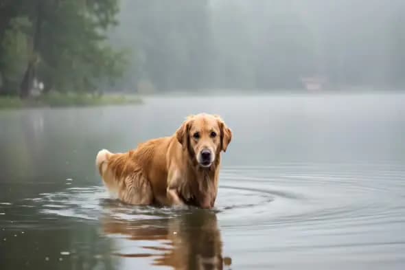 Serene Golden Retriever in Misty Lake