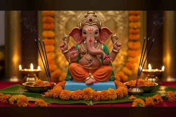 Ganesh Chaturthi Decoration with Idol, Diyas & Marigolds | AIClips Indian Festival Visual