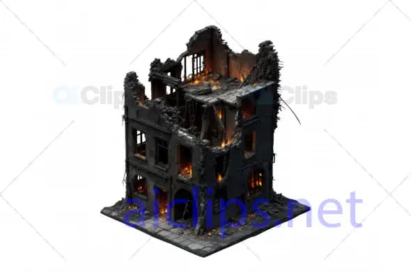 3D War-Torn Building with Burning Interior