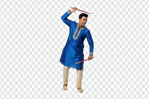 Man in Blue Kurta Dancing with Dandiya Sticks PNG