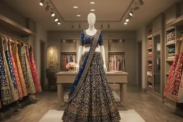 Bridal Lehenga Display in Luxurious Indian Boutique