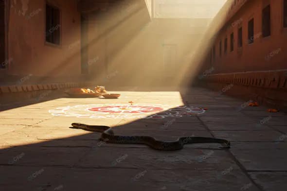 Sunlit Courtyard with Snake and Rangoli