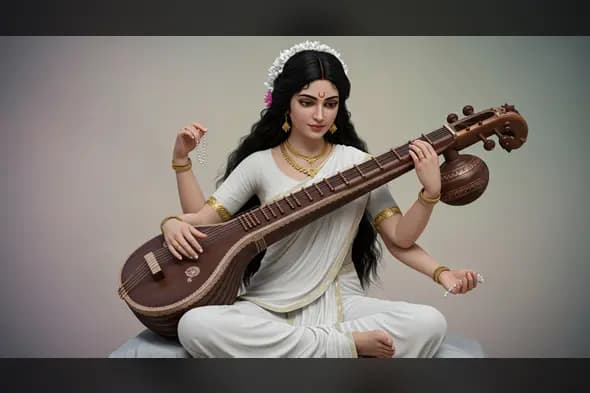 Goddess Saraswati-Inspired Woman Playing Veena – Traditional Devotional Thumbnail Art