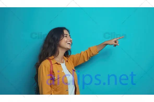 Smiling Woman Pointing Forward on Blue Background