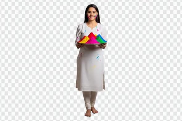 Joyful Indian Woman with Holi Festival Colors PNG
