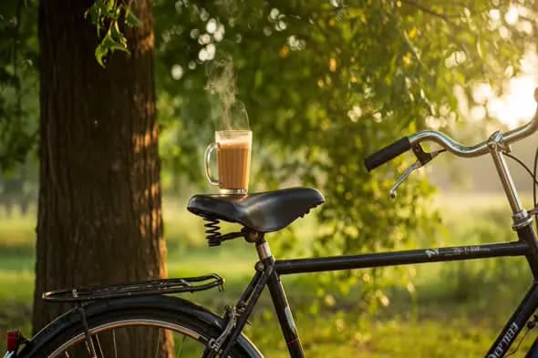 Steaming Chai on a Bicycle Seat in Nature
