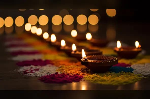 Colorful Rangoli with Diwali Diyas and Golden Bokeh Lights | AIClips Indian Festive Visual
