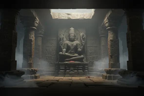 Ancient Stone Idol with Divine Light – Mystical Temple Interior