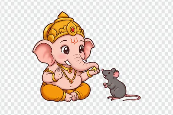Cute Baby Ganesha Offering Laddu to Mouse PNG