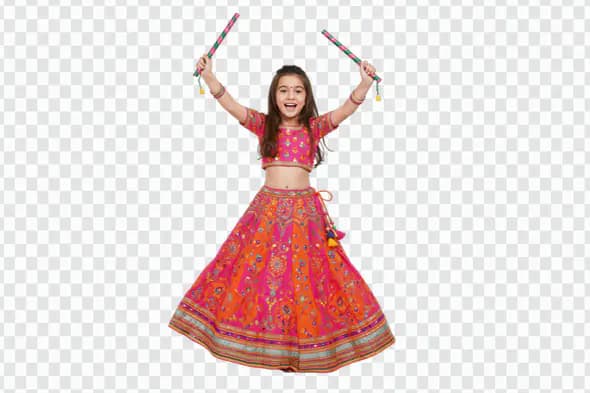 Joyful Girl in Vibrant Lehenga with Dandiya Sticks PNG