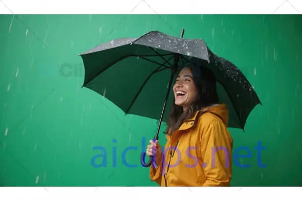 Woman Laughing Under Umbrella in Rain