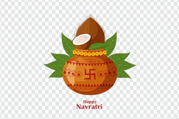 Festive Navratri Kalash with Coconut and Leaves PNG