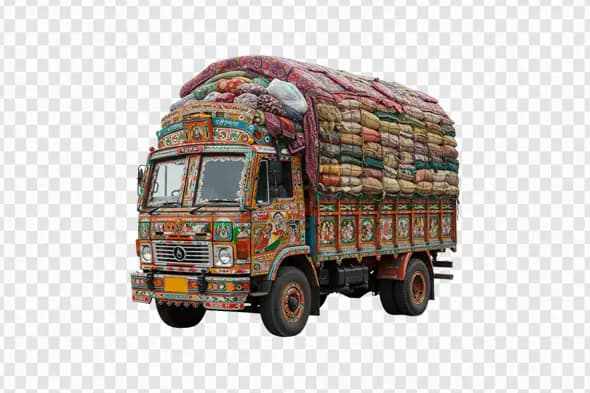 Colorful Decorated Indian Truck Loaded with Cargo PNG