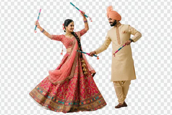 Indian Wedding Couple Dancing with Dandiya Sticks PNG