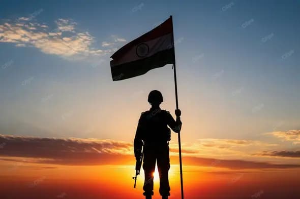 Vigilant Soldier with Indian Flag at Sunset