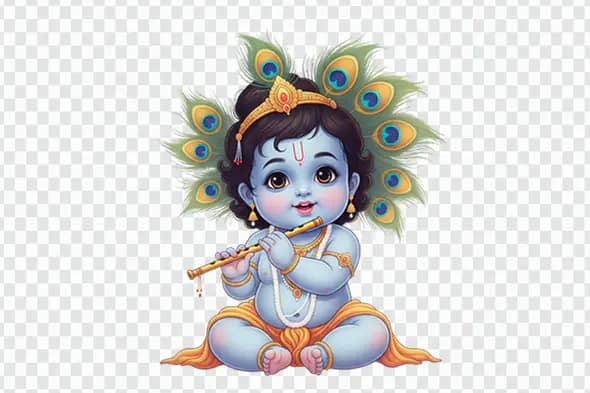 Baby Krishna Playing Flute with Peacock Feathers PNG