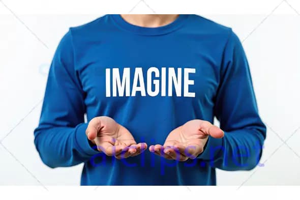 Imagine Slogan on Blue Sweatshirt with Open Hands Gesture