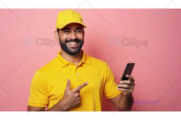 Happy Delivery Man Pointing at Smartphone