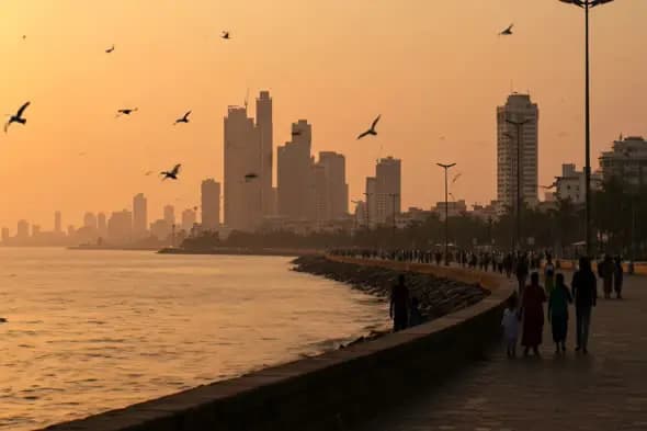 Golden Hour Promenade Walk along Marine Drive Mumbai with Skyline View