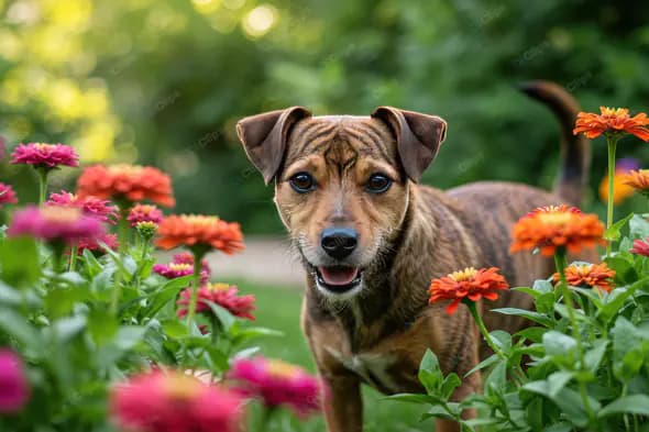 Playful Pup in Vibrant Flower Garden