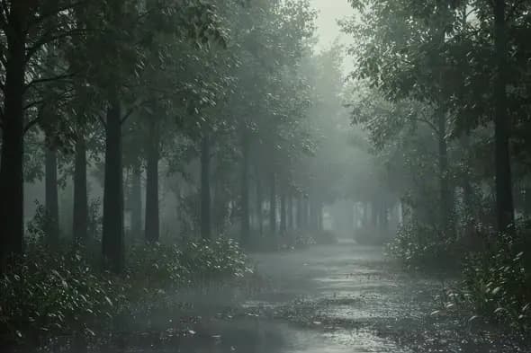 Misty Forest Path During Rainfall Atmospheric Scenery