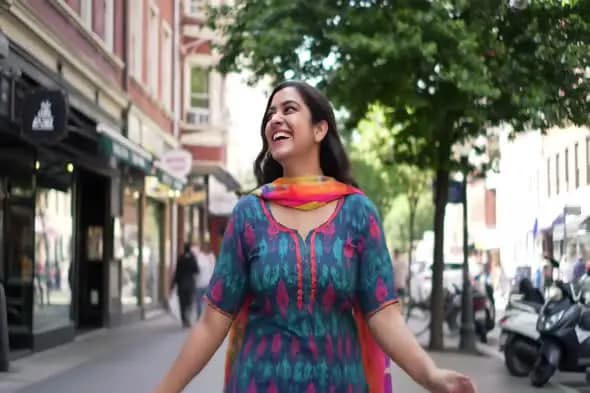 Joyful Urban Stroll in Vibrant Attire