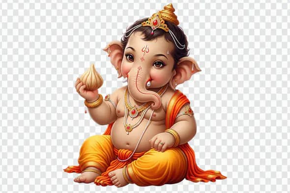 Cheerful Baby Ganesha Holding Modak Treat PNG