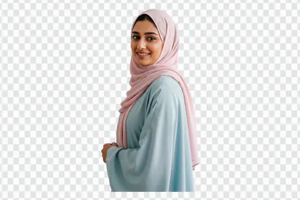 Smiling Woman in Blue Abaya Pink Hijab PNG