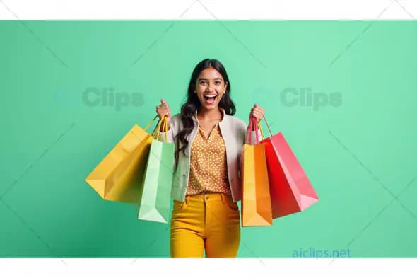 Excited Woman Holding Colorful Shopping Bags on a Green Background