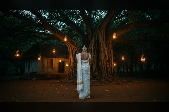 Traditional Indian Woman at Banyan Tree with Lanterns – Spiritual Village Backdrop