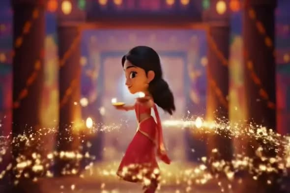 3D Animated Indian Woman Holding Diya in Festive Temple Setting