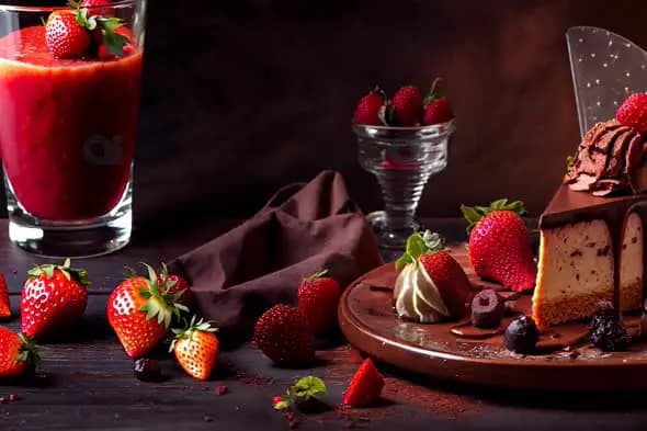 Decadent Strawberry Dessert with Chocolate Cake and Fresh Juice