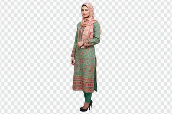 Elegant Woman in Traditional Floral Salwar Kameez PNG