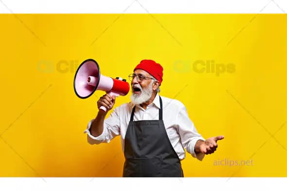Elderly Man with Megaphone on Yellow Background