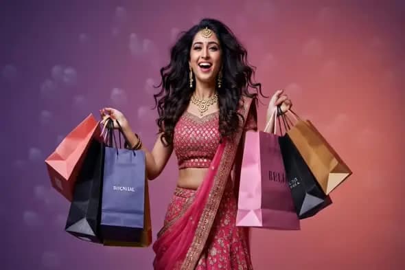 Joyful Shopping Celebration in Traditional Indian Attire