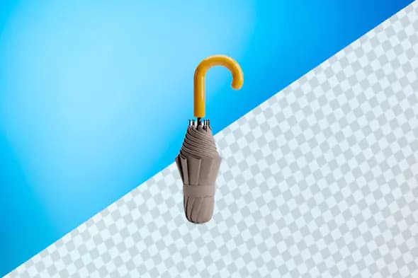 Folded gray umbrella with yellow curved handle