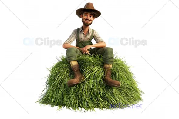 3D Happy Farmer Sitting on Grass Pile