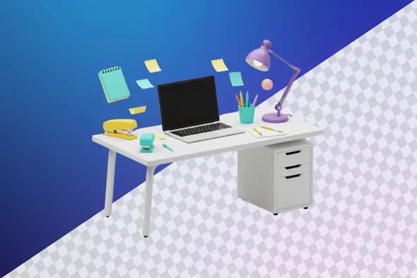 Modern workspace setup with laptop and office supplies