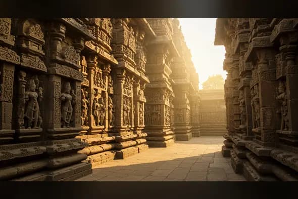 Ancient Sunlit Corridor of South Indian Stone Temple